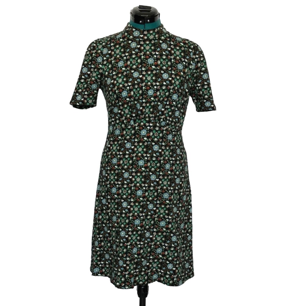 Boden Dress Floral Mock Neck Short Sleeve Size 6R Black Green Retro Mod Mini